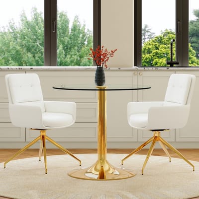Set Tafel En Stoelen - Ronde Glazen Eettafel Met 2 Draaibare Stoelen - Voor Eethoek En Ontvangstruimte - Metaal Kunststof - Transparant Wit Goud