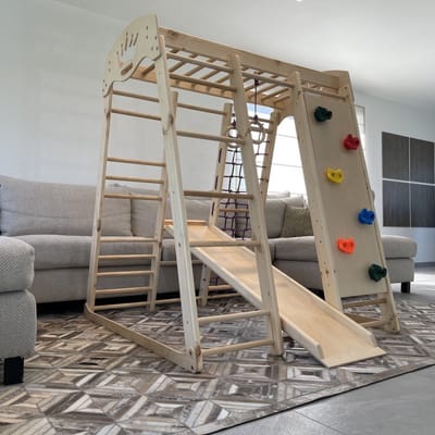 Klimspeel Wereld - Speelhoek Dino 150-1-2 houten kleur - speeltoren met klimmuur- klimrek met klimmuur en glijbaan - speeltoestel voor kinderen met glijbaan - speeltorentje voor kinderen