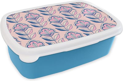 Broodtrommel Blauw - Lunchbox Retro - Design - Bloemen - Brooddoos 18x12x6 cm - Brood lunch box - Broodtrommels voor kinderen en volwassenen