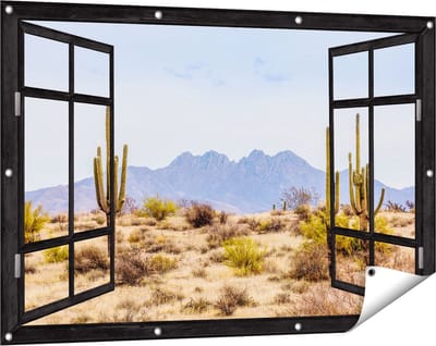 Gards Tuinposter Doorkijk Cactussen in de Woestijn - 120x80 cm - Tuindoek - Tuindecoratie - Wanddecoratie buiten - Tuinschilderij