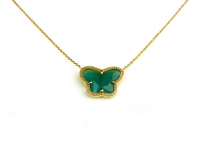 korte zilveren halsketting halssnoer collier geelgoud verguld Model Vlinder met donker groene steen