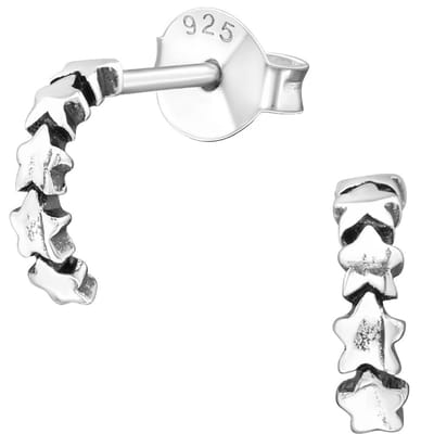 Joy|S - Zilveren ster oorringen stud - halve maan 8 mm / 2 mm - 5 sterretjes - geoxideerd