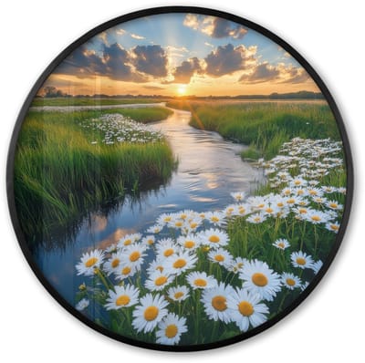 Poster in lijst Rond - Fotolijst 60x60 cm - Posters - Beekje - Landschap - Margriet - Ronde posterlijst zwart - Decoratie - Wanddecoratie woonkamer - Muurdecoratie slaapkamer