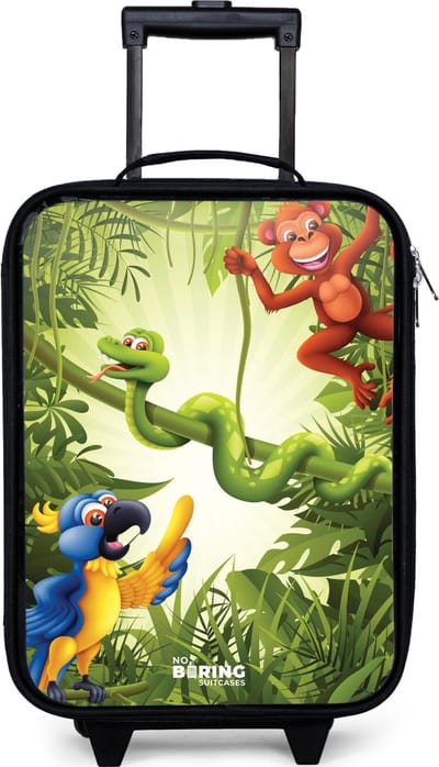 NoBoringSuitcases.com® - Kinderkoffer jongen - Kindertrolley meisje - Dieren in de jungle - Koffer kind lichtgewicht - Reiskoffer trolley voor kinderen - Koffertje met lichtgevende wieltjes - Rolkoffer zwart