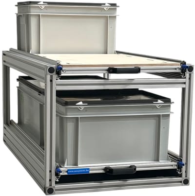Schuifframe dubbel aluminium voor camper 90x40 cm inclusief 3 bakken met deksel en multiplex berk 9 mm bovenplaat