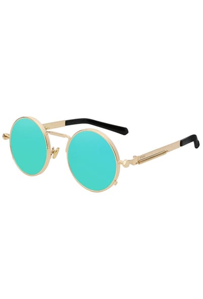KIMU® Ronde Zonnebril Hipster - Goud Montuur Rond - Blauwe Spiegelglazen - Vintage Retro Hippie Blauw Motor Brilletje Festival
