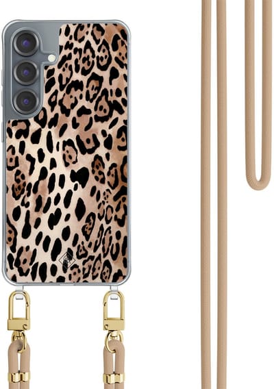 Casimoda® hoesje met koord - Geschikt voor Samsung S25 - Luipaard print bruin - Afneembaar koord - TPU/polycarbonaat - Bruin/beige