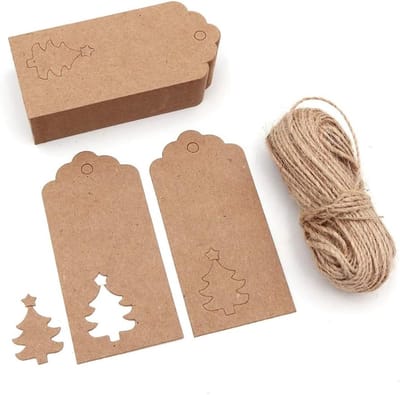 Houten kerstboom labels 100 stuks, 9.5cm x 4.5cm, rechthoekige kraftpapier hanglabels met jute touw voor ambachten, prijslabels en kerstdecoratie