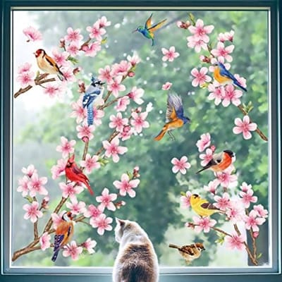 Kersenbloesem Vogel Raamstickers Set van 8 - Anti-Bots Venster Decoratie Muurstickers voor Binnenhuisdecor - Verwijderbare Zelfklevende Bloemen Stickers