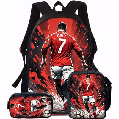 3 stuks Voetbal Vlam Print Rugzak Set Lichtgewicht Grote Capaciteit School Reistas met Schouder Potloodtas - Dagelijks Cadeau red