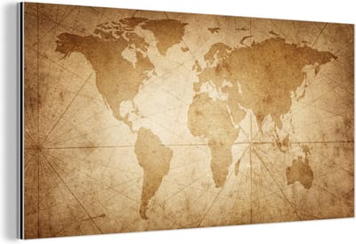 Aluminium schilderij 160x80 cm - Wanddecoratie metaal - Wereldkaart - Vintage - Papyrus - Metalen muurdecoratie woonkamer - Decoratie industrieel - Foto op dibond - Industriële accessoires slaapkamer