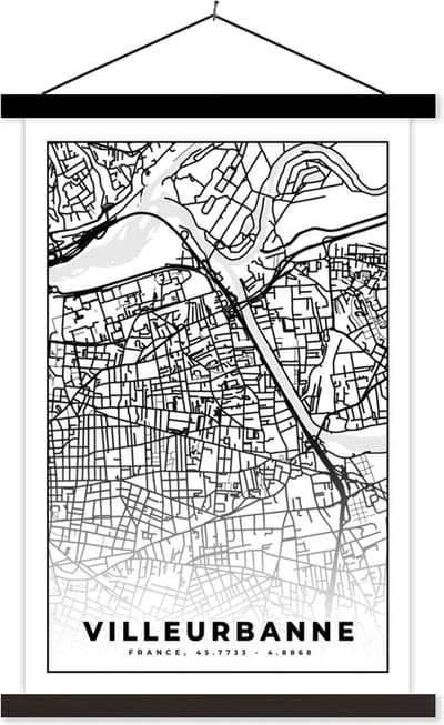 Posterhanger incl. Poster 40x60 cm - Schoolplaat - Frankrijk - Plattegrond - Villeurbanner - Stadskaart - Kaart - Zwart wit - Textielposter - Zwarte latten - Stadskaart