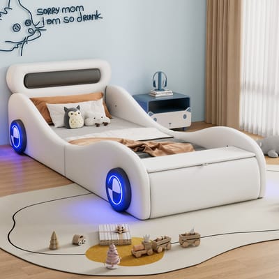 Sweiko Kinderbed - 90x200 cm - Autovorm - LED-verlichting - Opbergruimte - PU-materiaal - Zonder matras - Wit