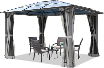 Tuinpaviljoen 3x3,65 m ca. 6 mm polycarbonaat dak 4 muggennetten en zijwanden grijs
