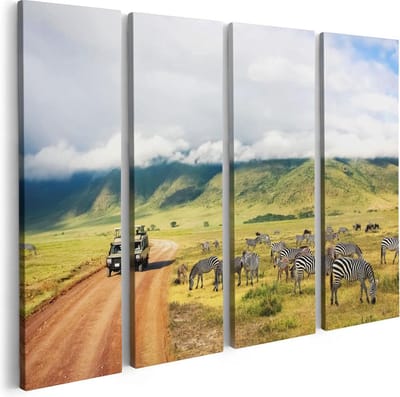 Artaza Canvas Schilderij Vierluik Safari Auto tussen de Zebra's - 80x60 - Foto Op Canvas - Canvas Print