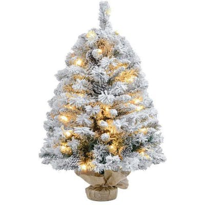 HOMCOM Sapin de Noël 92 cm, lumières LED, branches enneigées, pommes de pin, ignifuge, pied en béton