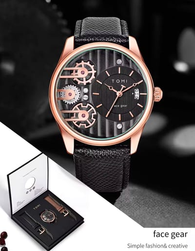 Tomi Luxe Horloge Rose&Zwart | Waterafstotend | Luxe Cadeau Giftbox | Zakelijke Horloge | 2 Horloge Band | Leren Band | Dubbele Tourbillon
