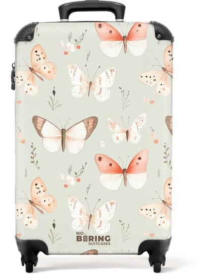 NoBoringSuitcases.com® - Kinderkoffer meisje - Kindertrolley meisjes - Vlinder patroon in zachte oranje en rode tinten - Handbagage koffer lichtgewicht - Reiskoffer trolley kinderen - Rolkoffer met wieltjes - Past binnen 55x40x20 en 55x35x25