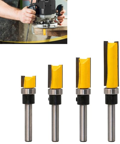 4-Delige Afwerkfrees - Rechte afwerkfrees - 1/4 schacht houtbewerkingsfrees - Rechte snijboor - Geschikt voor het afwerken van houtbewerking, frezen van hout, precisie-snijwerk met sjablonen, het afwerken van meubelranden - Geel