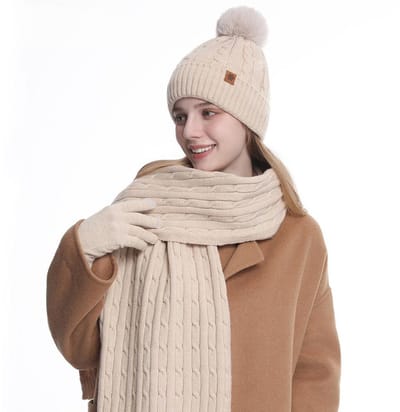 Winterwarme set van 3 - Muts, sjaal, handschoenen - Hoofdomtrek muts 54-60 cm - Muts 22 x 27 cm - Sjaal 26 x 180 cm - Handschoenen 23 x 9 cm - Oorwarmers voor op de fiets - Warmteproducten - Herfst- en winterproducten