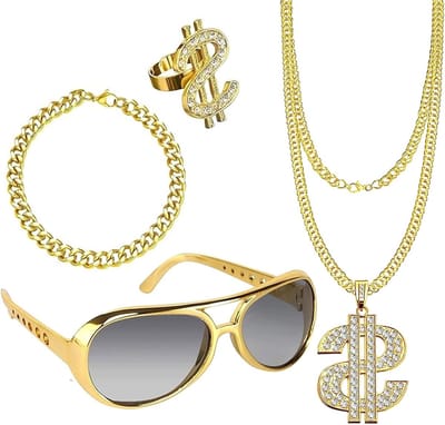 4-delige Dollar Ketting Set voor Kostuum, 80s en 90s Outfits, Hip Hop Accessoires, Gouden Kettingen, Zonnebrillen, Dollar Hanger, Ring voor Carnaval en Themafeesten, Fotoprops
