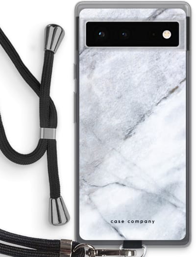 Case Company® - Hoesje met koord geschikt voor Google Pixel 6 hoesje met Koord - Witte marmer - Telefoonhoesje met Zwart Koord - Bescherming aan alle Kanten en Over de Schermrand