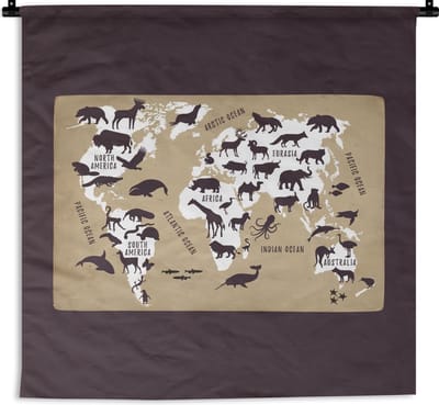 Wandkleed - Wereldkaart Kinderen - Wit - Bruin - 120x120 cm - Wandtapijt