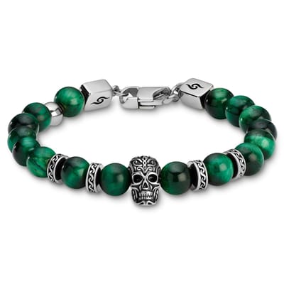 Rico | Schedelarmband van Groen Tijgeroog en Zilverkleurig Roestvrij Staal