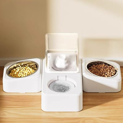 Bol en céramique pour chiens Abreuvoir fontaine pour animaux de compagnie Bassin pour chiens et chats de petite et moyenne taille Fournitures pour animaux de compagnie Maison d'eau Trois bols 29*15.5*7.5cm beige