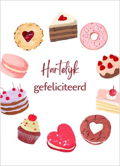 Wenskaart hartelijk gefeliciteerd met koekjes, taartjes en donuts – 10x15 cm – verjaardagskaart – 400 grams papier – inclusief kraft envelop
