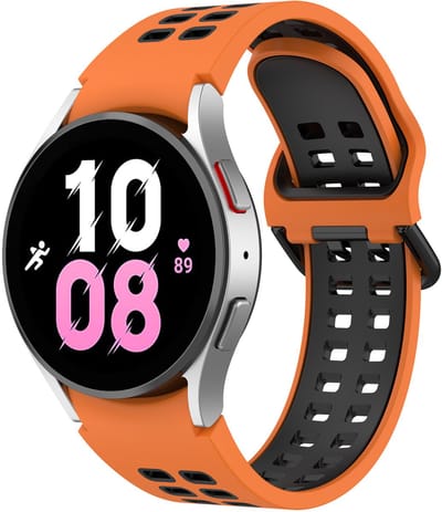 Stravo Naadloze Hoekverbinding en Bicolor Ontwerp - Oranje/zwart - Vervangende Siliconen Horlogebandje 20mm voor Samsung Galaxy Watch 7 (40mm & 44mm), Galaxy Watch 6 (Classic), Galaxy Watch 5 (Pro), Galaxy Watch 4 (Classic)