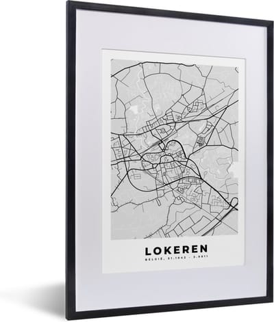 Fotolijst incl. Poster Zwart Wit- België – Lokeren – Stadskaart – Kaart – Zwart Wit – Plattegrond - 30x40 cm - Posterlijst