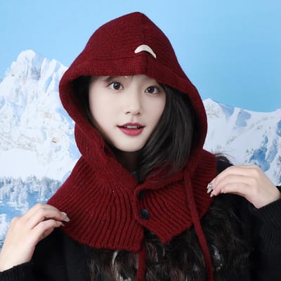 Version Coréenne de Cagoule Femme Automne Hiver Chapeau Écharpe en Laine Intégré Écharpe à Capuche Bonnet Tricoté Hiver One Size white