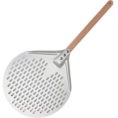 Pelle à pizza ronde de 12/14 pouces en aluminium anodisé dur perforé avec manche en bois, pelle à pizza pour four maison