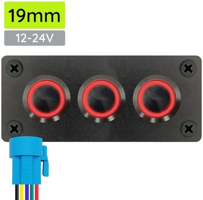 ProRide Metalen Pulsschakelaar 12-24V OFF-(ON) - Drievoudig Inbouwpaneel - 19mm - IP67 - LED indicatie Rood