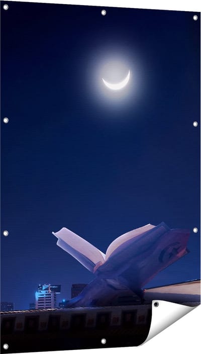 Gards Tuinposter Heilige Boek Koran bij een Halve Maan - 80x120 cm - Tuindoek - Tuindecoratie - Wanddecoratie buiten - Tuinschilderij