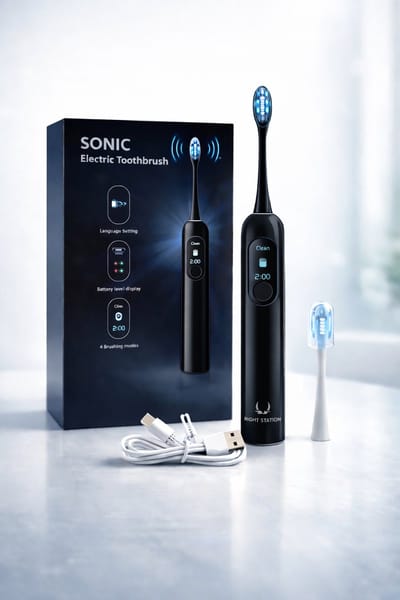 Right Station®-Sonic Elektrische Tandenborstel-Oplaadbaar - 4 Poetsstanden - 2 min Timer - Batterijdisplay - Inclusief Opzetborstels & USB kabel - Scherm - screen - MIDNIGHT BLACK