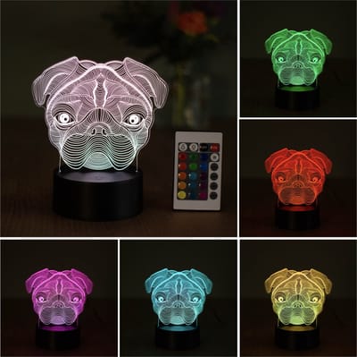 Klarigo®️ Nachtlamp – 3D LED Lamp Illusie – 16 Kleuren – Bureaulamp – Mops Hond – Honden Lamp - Pug - Sfeerlamp – Nachtlampje Kinderen – Creative lamp - Afstandsbediening