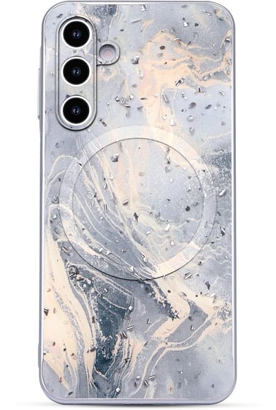 Casemania Hoesje Geschikt voor Samsung Galaxy S25 FE - Grijs - Marmer Glitter Back Cover met Camera Bescherming - Geschikt voor MagSafe