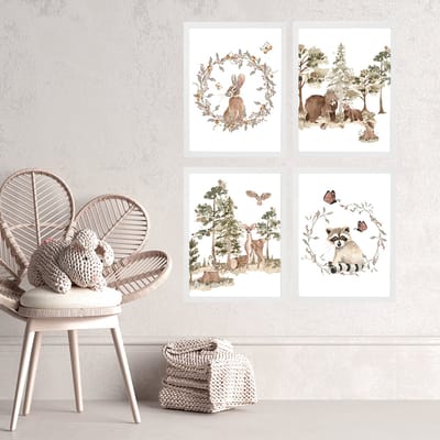 Posters aquarel bosdieren set 4 stuks-Kinderkamer-Poster A4 formaat-Wanddecoratie-bosdieren- Kinderkameraccessoires