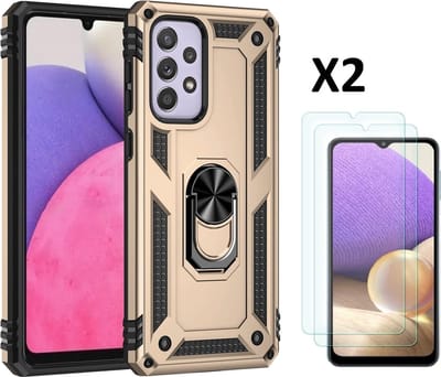 Hoesje Geschikt Voor Samsung Galaxy A33 Hoesje Anti-Shock Hybrid Armor hoesje Goud - Hoesje Geschikt Voor Samsung Galaxy A33 5G kickstand Ring houder TPU backcover hoesje - met screenprotector Galaxy A33 5G - 2 pack