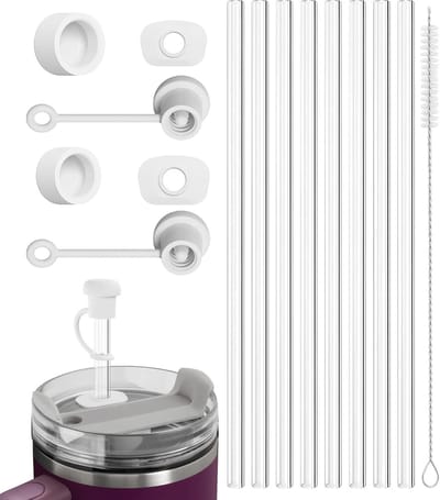 Set van 8 Lange Rietjes van 30 cm met 2 Pocket Silicone Lekvrije Deksel en Reinigingsborstel voor Thermosfles Accessoires en Drinkbekers