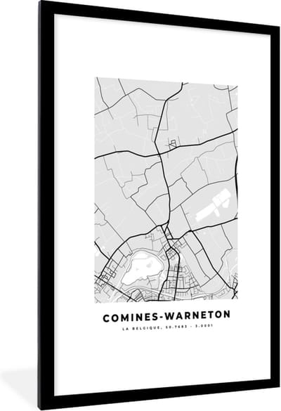 Fotolijst incl. Poster Zwart Wit- Zwart Wit – België – Plattegrond – Stadskaart – Kaart – Comines Warneton - 80x120 cm - Posterlijst