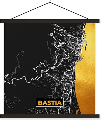 Posterhanger incl. Poster 60x60 cm - Schoolplaat - Stadskaart - Frankrijk - Plattegrond - Kaart - Bastia - Textielposter - Zwarte latten - Stadskaart