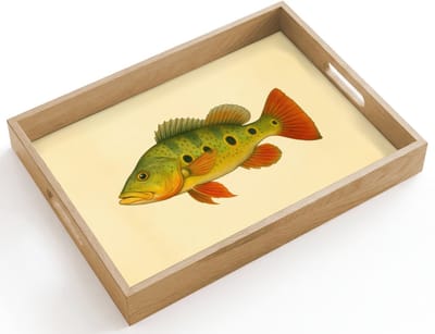 Dienblad hout 40x30 cm - Schootdienblad - Schubben - Vis - Groen - Illustratie - Borrelplank rechthoek - Plateau dienbladen