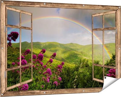 Gards Tuinposter Doorkijk Regenboog in de Heuvel Bossen - 150x100 cm - Tuindoek - Tuindecoratie - Wanddecoratie buiten - Tuinschilderij
