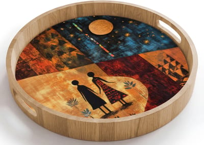 Dienblad rond 40x40 cm - Schootdienblad hout - Silhouetten - Abstract - Zon - Maan - Borrelplank rechthoek - Plateau houten dienbladen