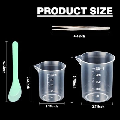 Mengbekers van hars, 8 stuks, 250 ml en 2 stuks, 100 ml, maatbeker met roerstok, puntige pincet, vingerhandschoenen, afgestudeerde epoxyplastic maatbekers voor hars, gietvormen, sieraden maken