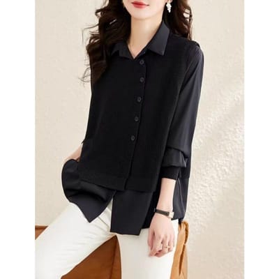 Tweedelig shirt voor dames herfstkleding Nieuw los casual shirtjack Modieus gebreid vest Top met lange mouwen 2XL black