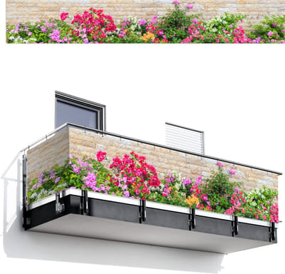 Balkonscherm 500x75 cm - Balkonposter Bloemen - Planten - Bladeren - Stenen - Balkon scherm decoratie - Balkonschermen - Balkondoek zonnescherm